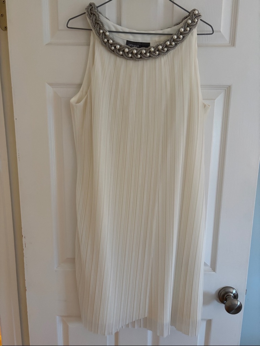 Donna Ricco Cream Pleated Sleeveless Dress with Beaded Neckline